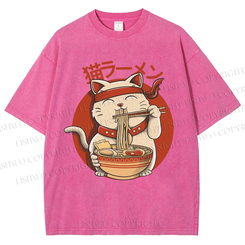 Unisex Ramen Cat Printed Washed Tee