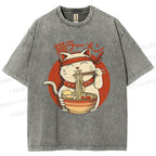 Unisex Ramen Cat Printed Washed Tee