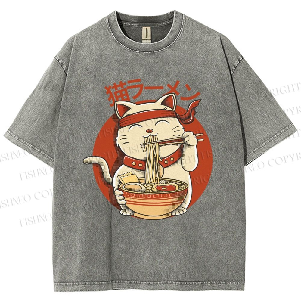 Unisex Ramen Cat Printed Washed Tee