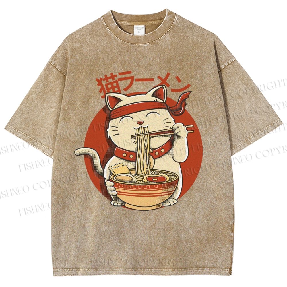 Unisex Ramen Cat Printed Washed Tee