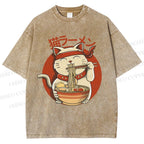 Unisex Ramen Cat Printed Washed Tee