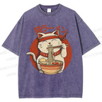 Unisex Ramen Cat Printed Washed Tee