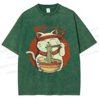 Unisex Ramen Cat Printed Washed Tee