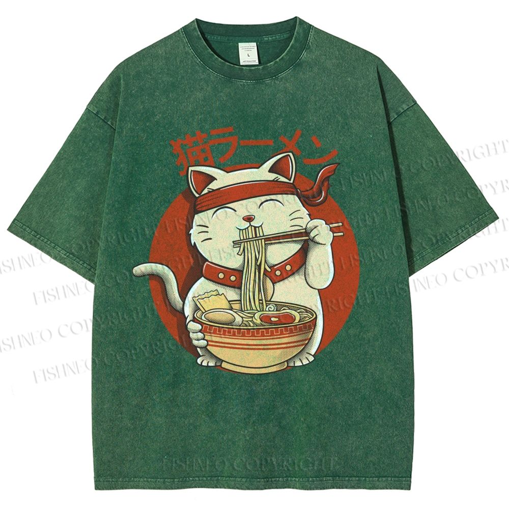 Unisex Ramen Cat Printed Washed Tee