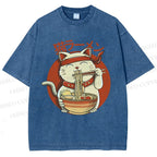 Unisex Ramen Cat Printed Washed Tee