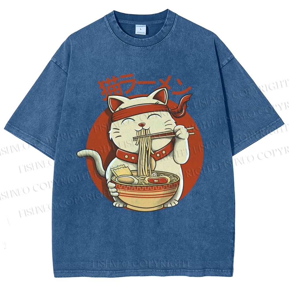 Unisex Ramen Cat Printed Washed Tee