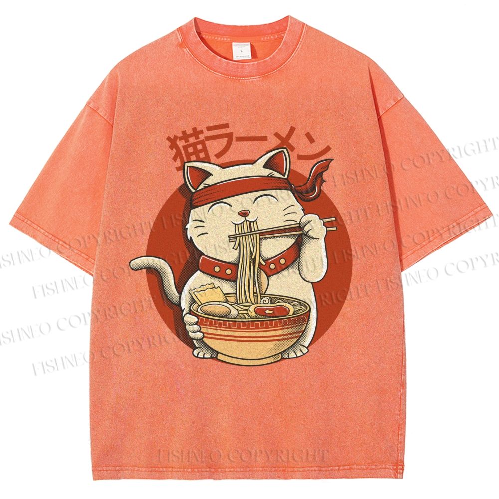 Unisex Ramen Cat Printed Washed Tee