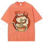 Unisex Ramen Cat Printed Washed Tee