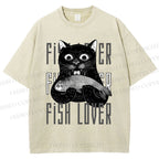 Unisex Fish Lover Cat Printed Washed Tee