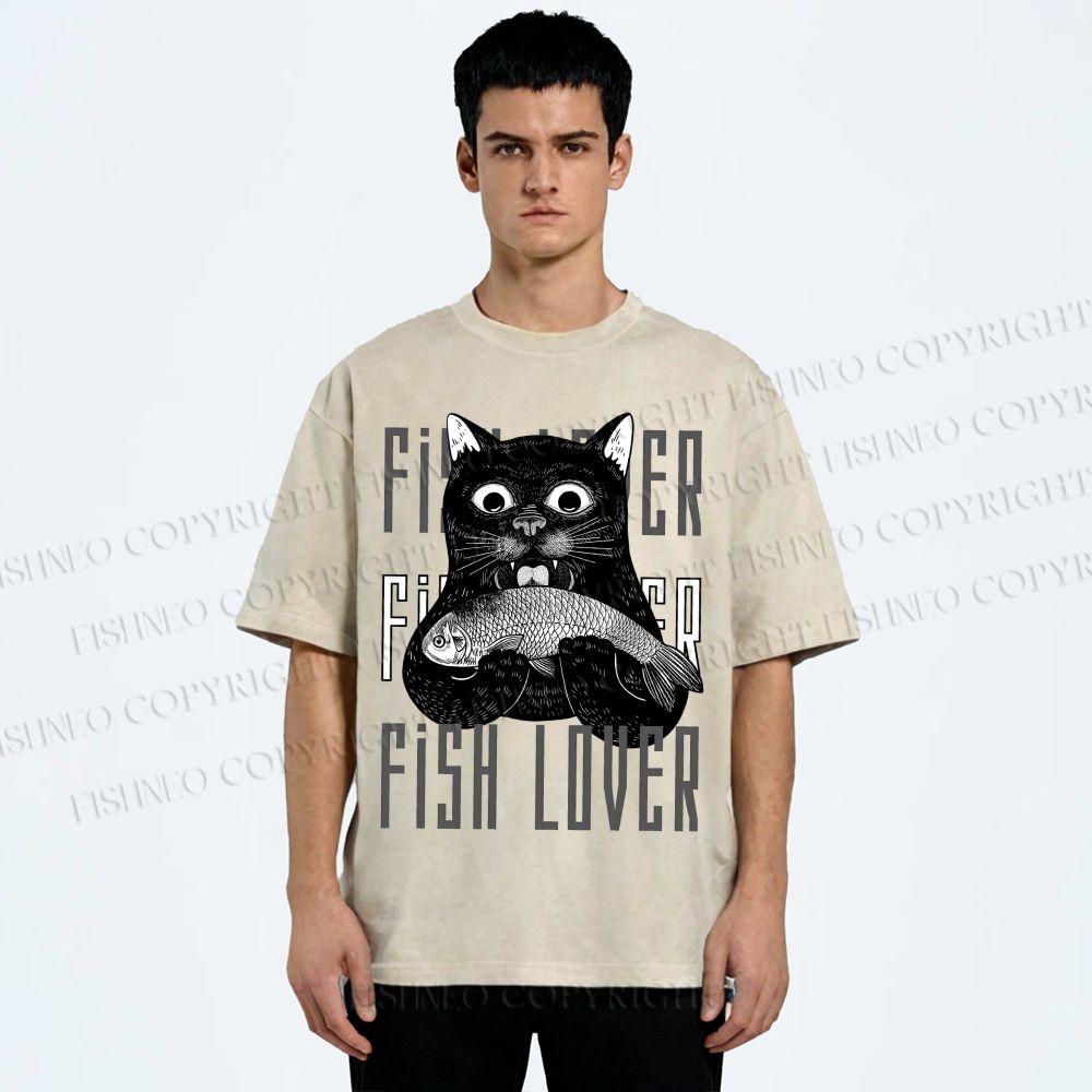 Unisex Fish Lover Cat Printed Washed Tee