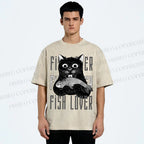Unisex Fish Lover Cat Printed Washed Tee