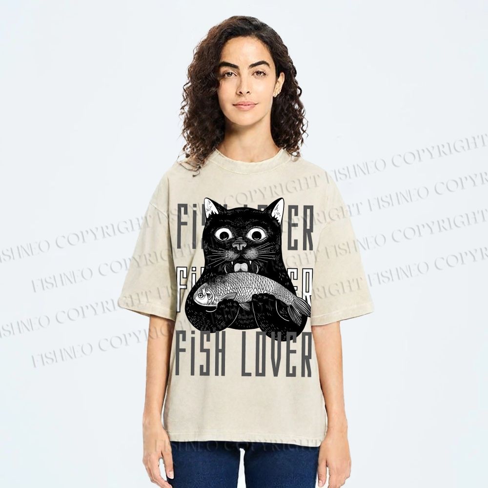 Unisex Fish Lover Cat Printed Washed Tee