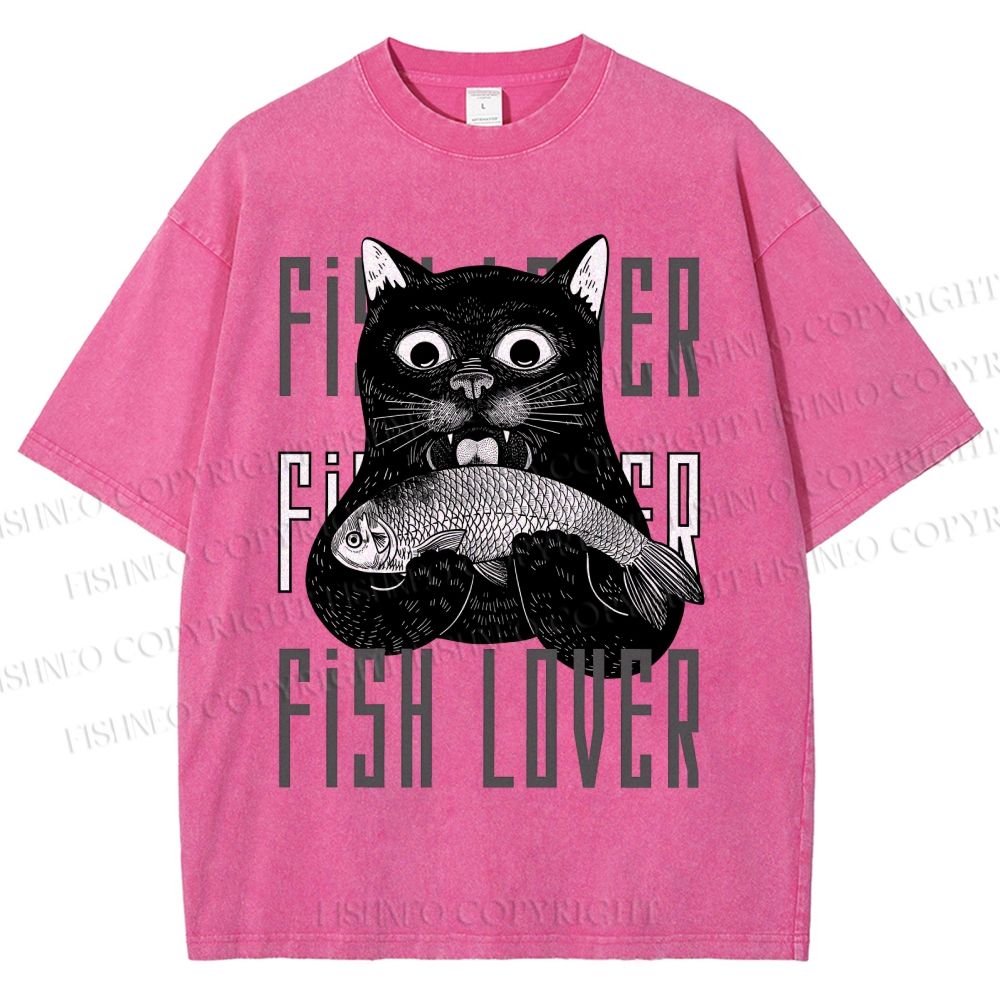 Unisex Fish Lover Cat Printed Washed Tee
