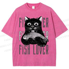 Unisex Fish Lover Cat Printed Washed Tee