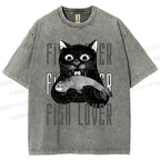 Unisex Fish Lover Cat Printed Washed Tee