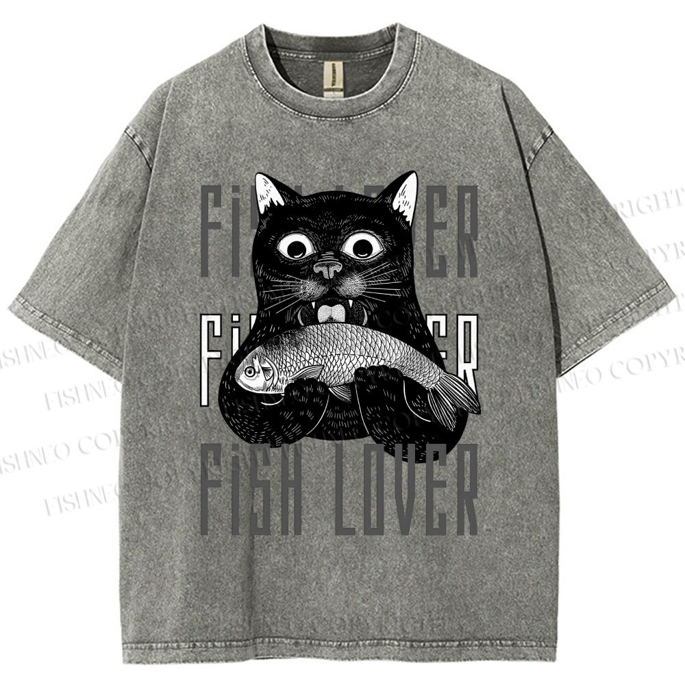 Unisex Fish Lover Cat Printed Washed Tee