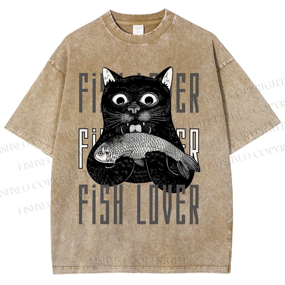 Unisex Fish Lover Cat Printed Washed Tee