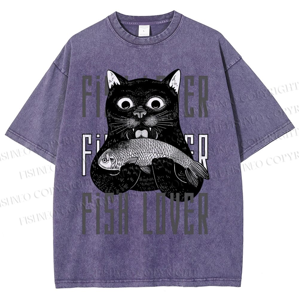 Unisex Fish Lover Cat Printed Washed Tee