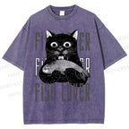 Unisex Fish Lover Cat Printed Washed Tee