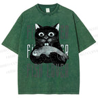 Unisex Fish Lover Cat Printed Washed Tee