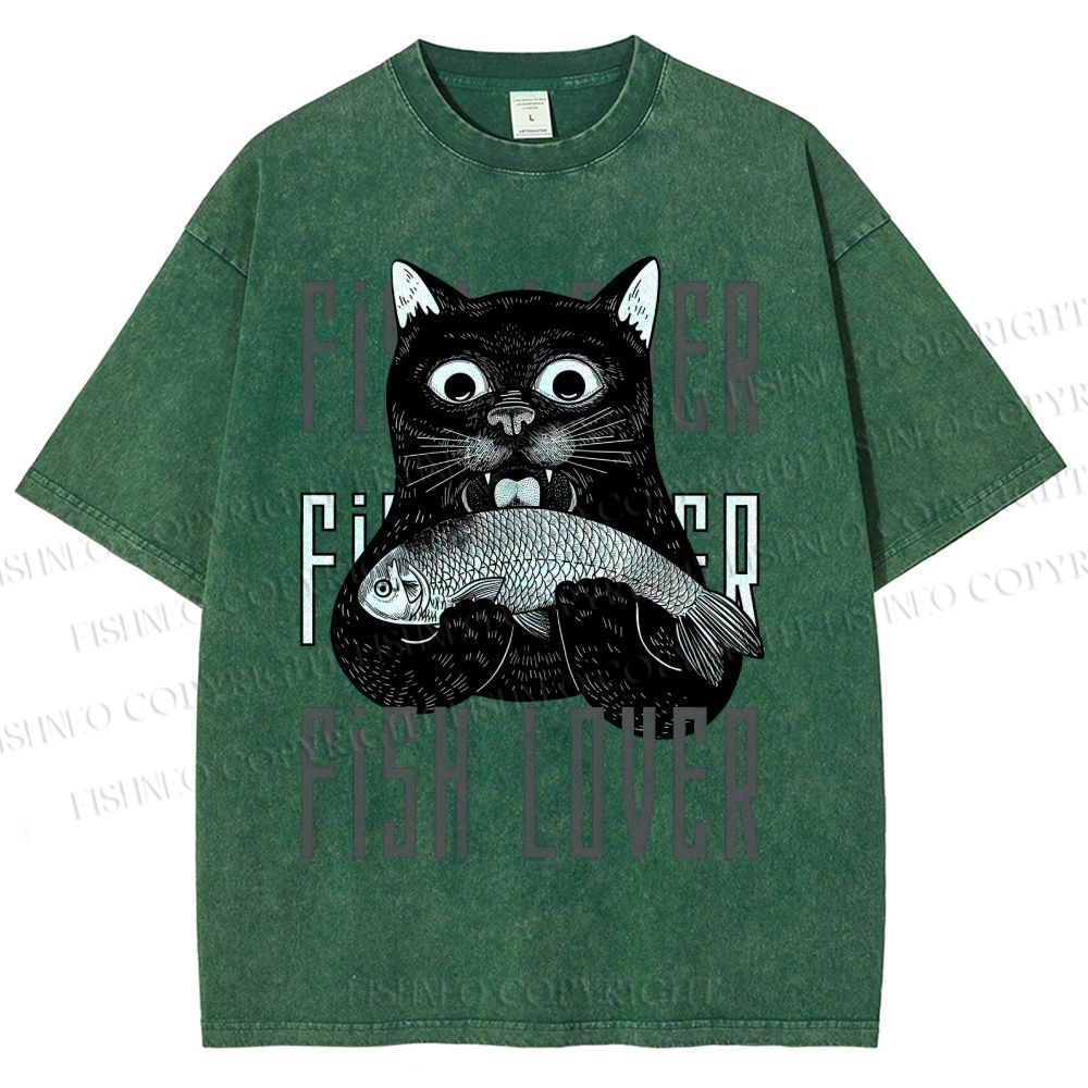 Unisex Fish Lover Cat Printed Washed Tee
