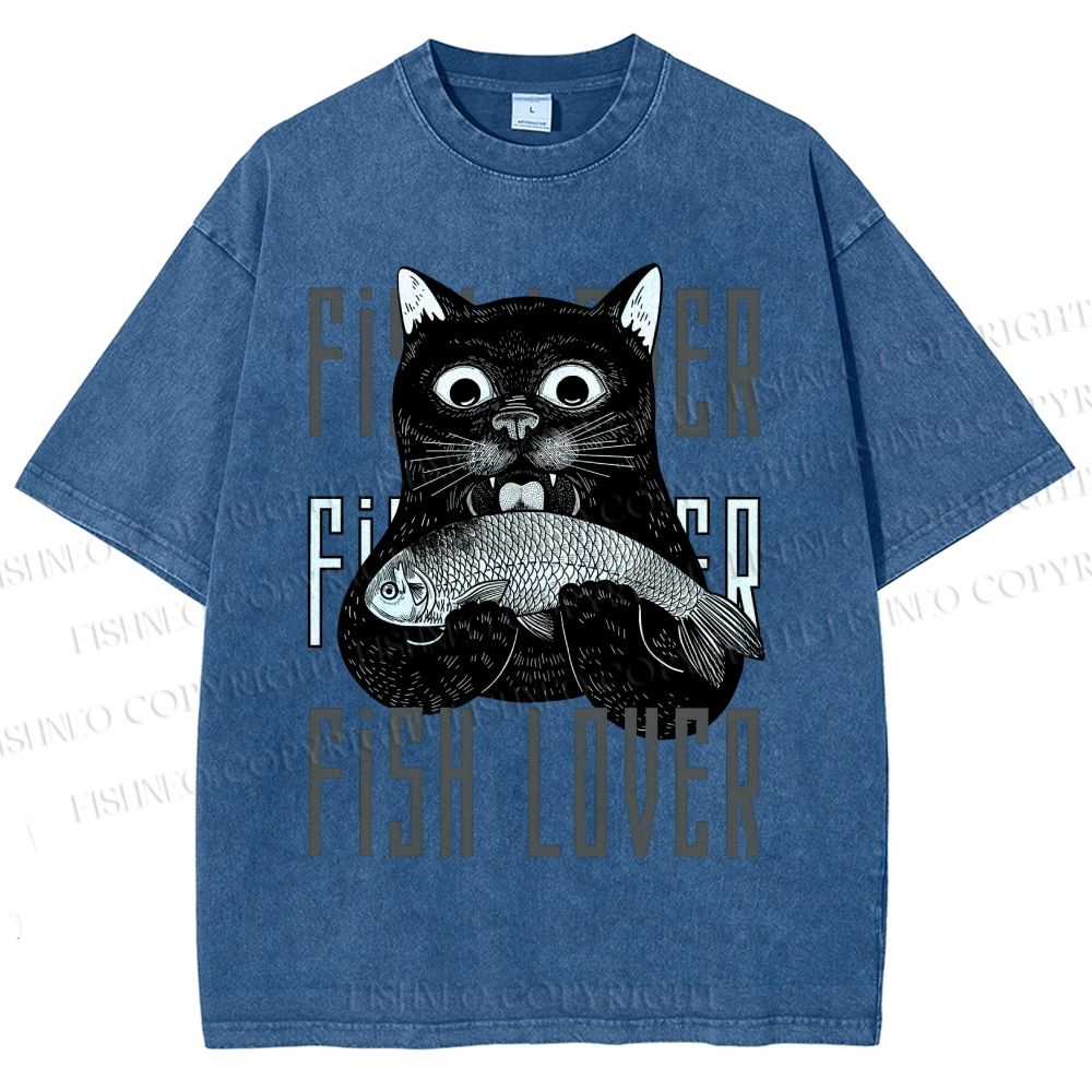 Unisex Fish Lover Cat Printed Washed Tee