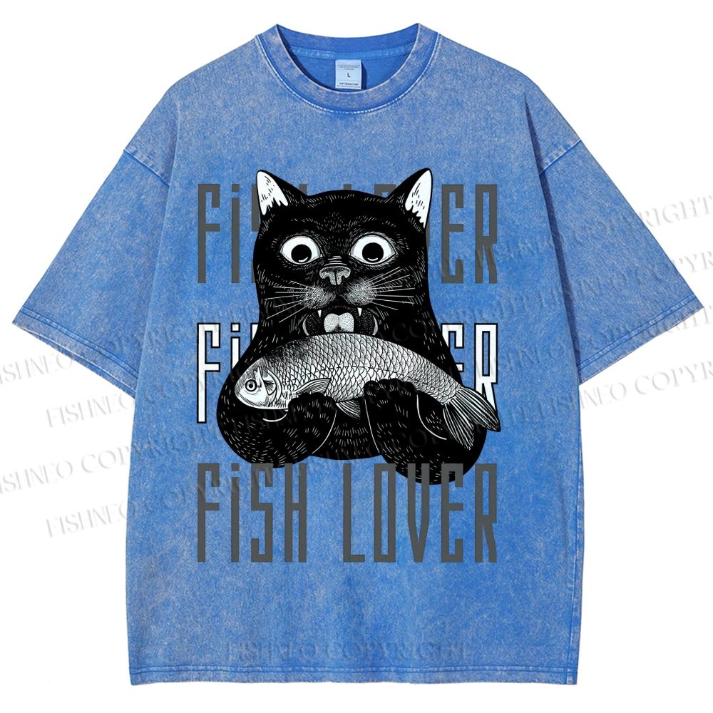 Unisex Fish Lover Cat Printed Washed Tee