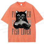 Unisex Fish Lover Cat Printed Washed Tee
