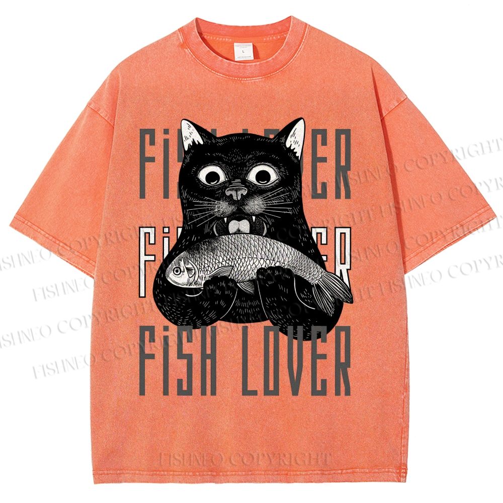 Unisex Fish Lover Cat Printed Washed Tee