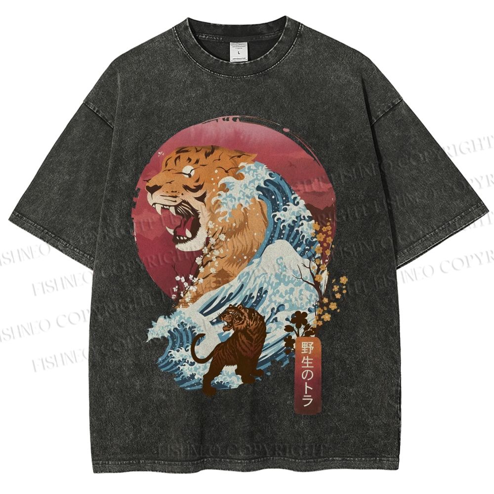 Unisex Japanese Wave Tiger Printed Washed Tee