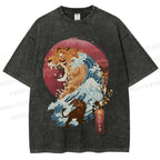 Unisex Japanese Wave Tiger Printed Washed Tee