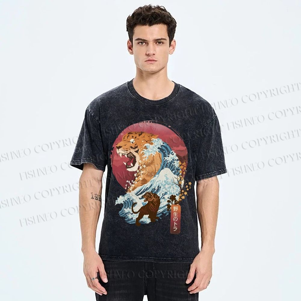 Unisex Japanese Wave Tiger Printed Washed Tee