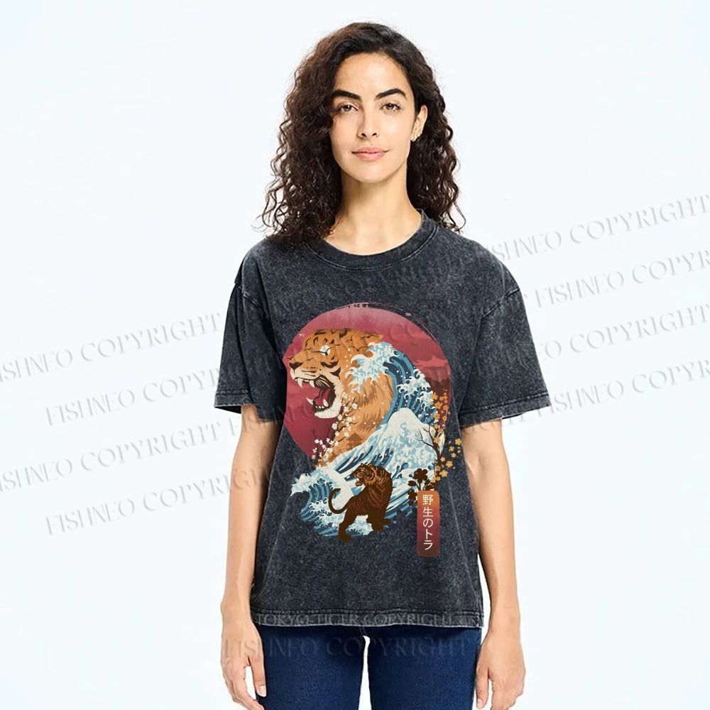 Unisex Japanese Wave Tiger Printed Washed Tee