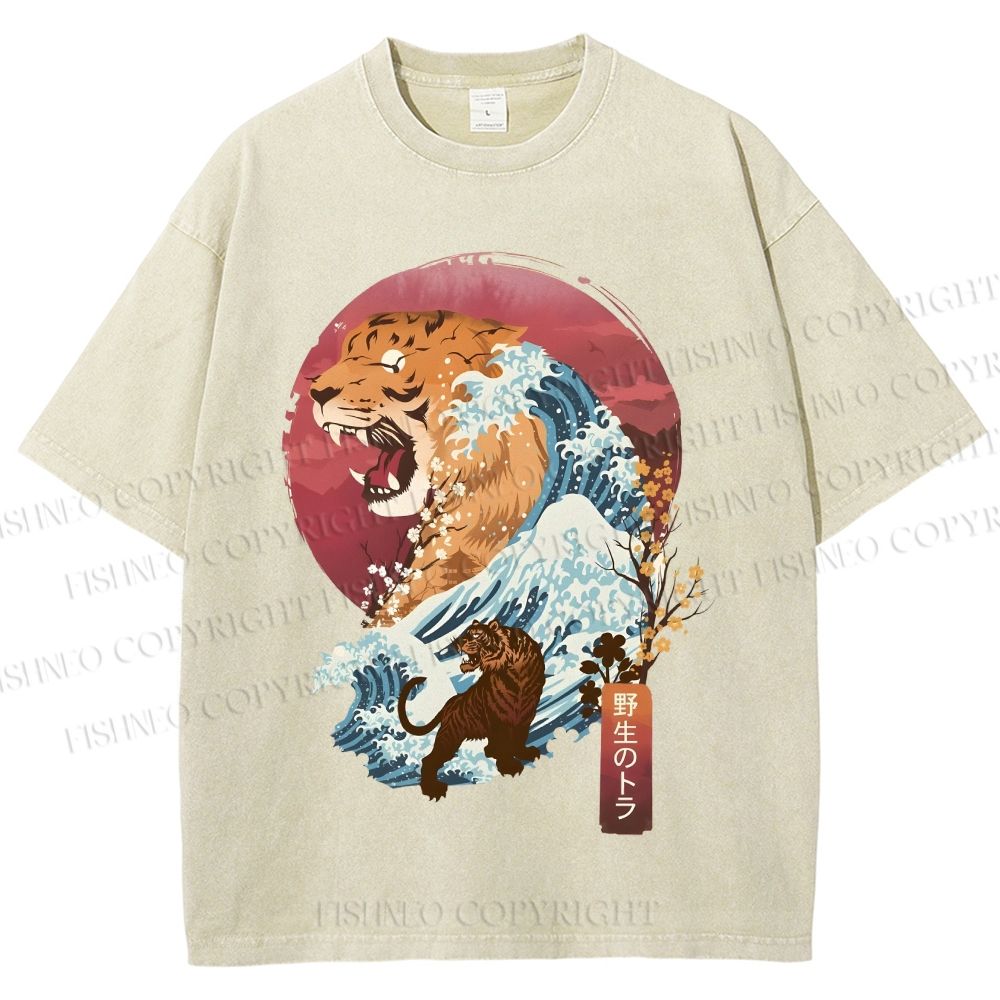 Unisex Japanese Wave Tiger Printed Washed Tee