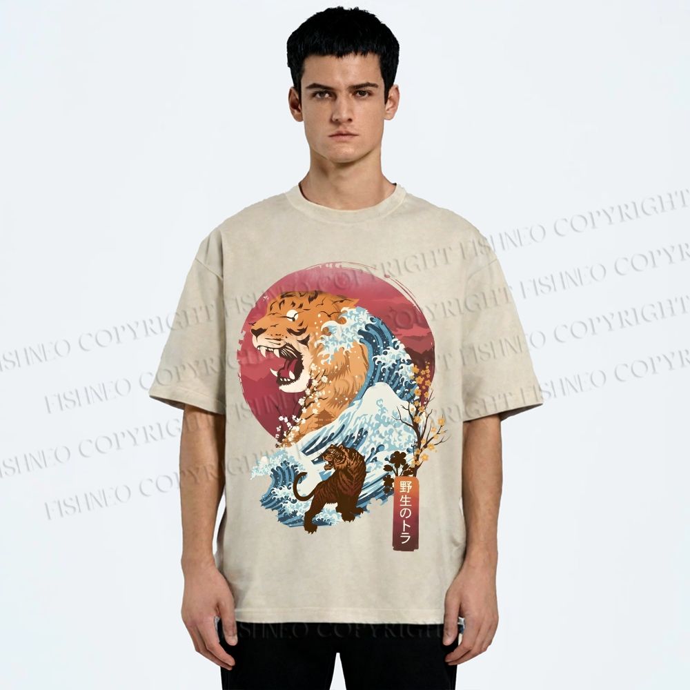 Unisex Japanese Wave Tiger Printed Washed Tee