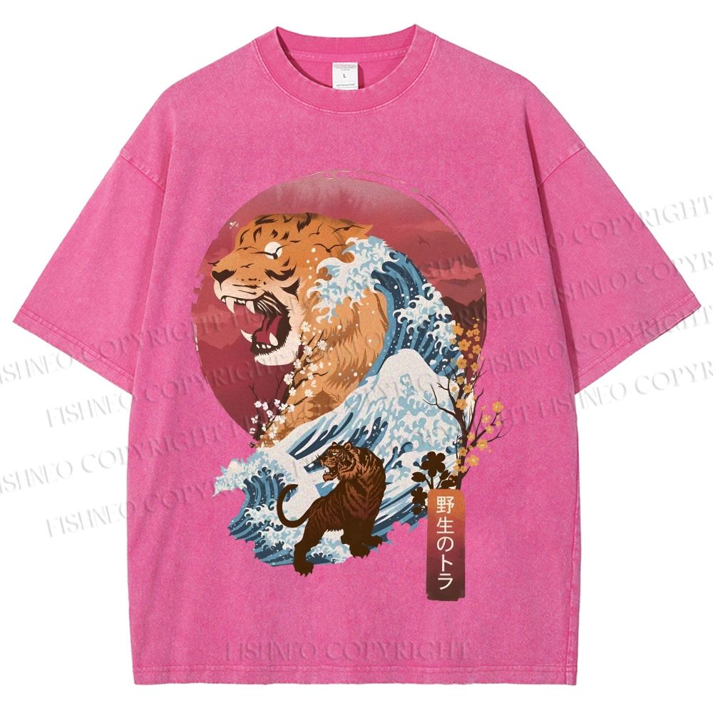 Unisex Japanese Wave Tiger Printed Washed Tee