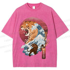 Unisex Japanese Wave Tiger Printed Washed Tee