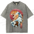 Unisex Japanese Wave Tiger Printed Washed Tee