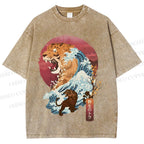 Unisex Japanese Wave Tiger Printed Washed Tee
