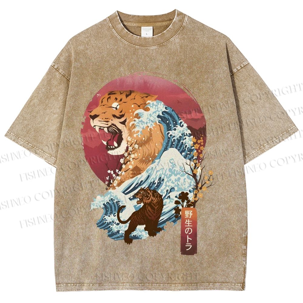 Unisex Japanese Wave Tiger Printed Washed Tee
