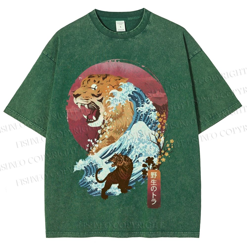 Unisex Japanese Wave Tiger Printed Washed Tee