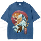 Unisex Japanese Wave Tiger Printed Washed Tee