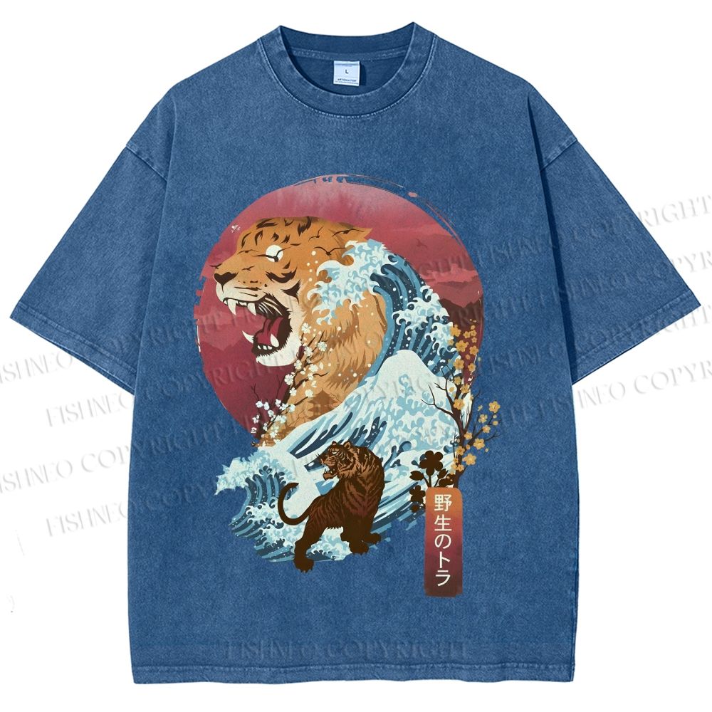 Unisex Japanese Wave Tiger Printed Washed Tee