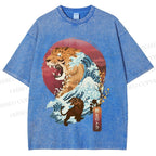 Unisex Japanese Wave Tiger Printed Washed Tee