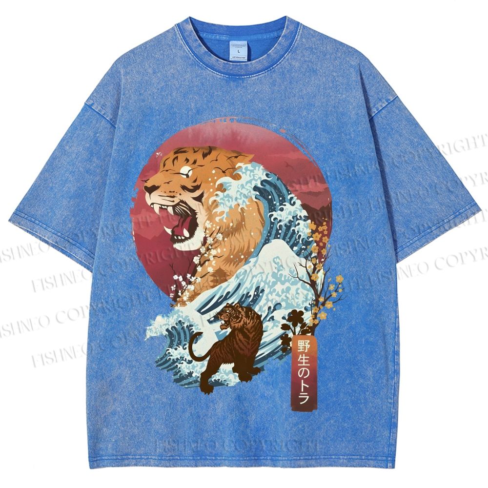 Unisex Japanese Wave Tiger Printed Washed Tee