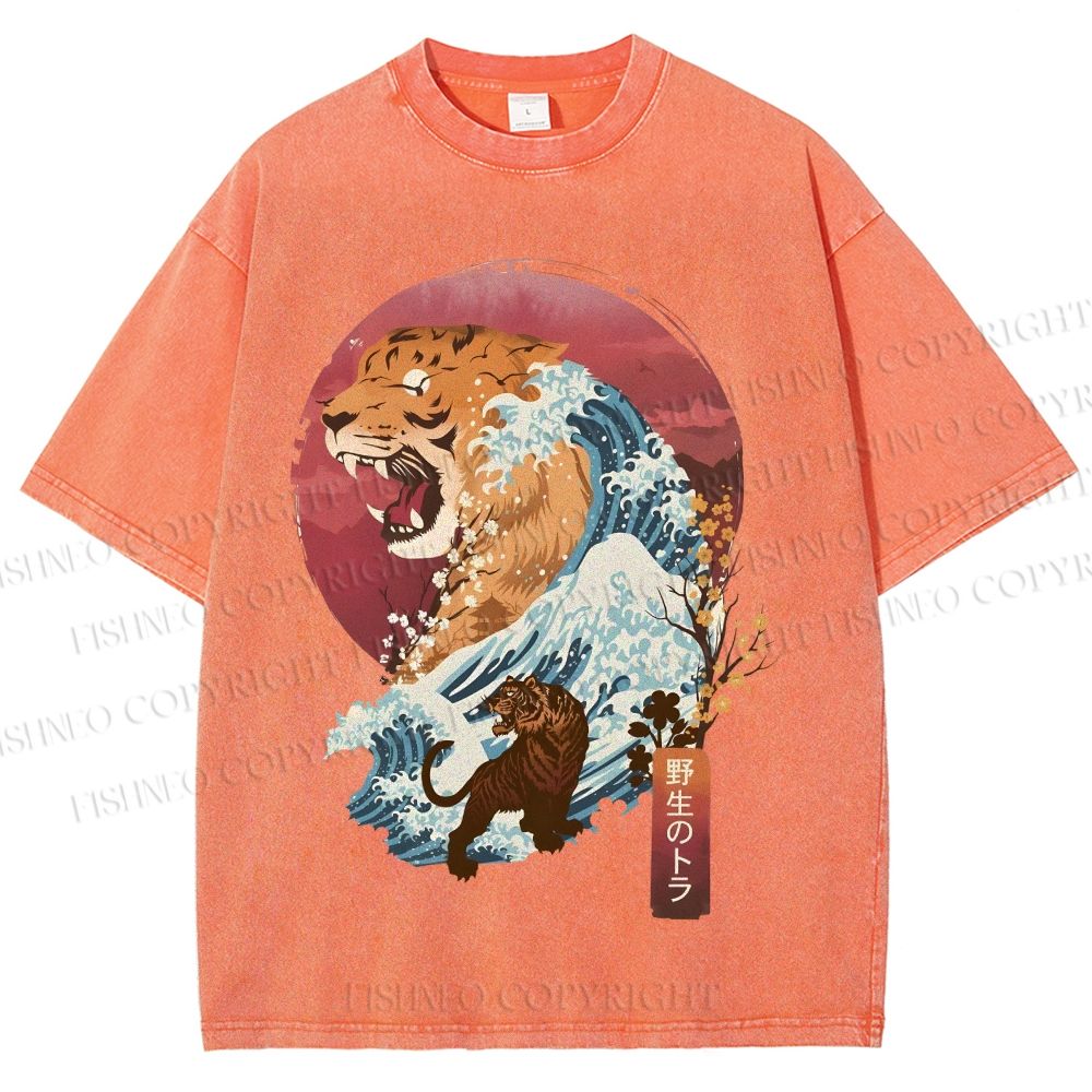 Unisex Japanese Wave Tiger Printed Washed Tee