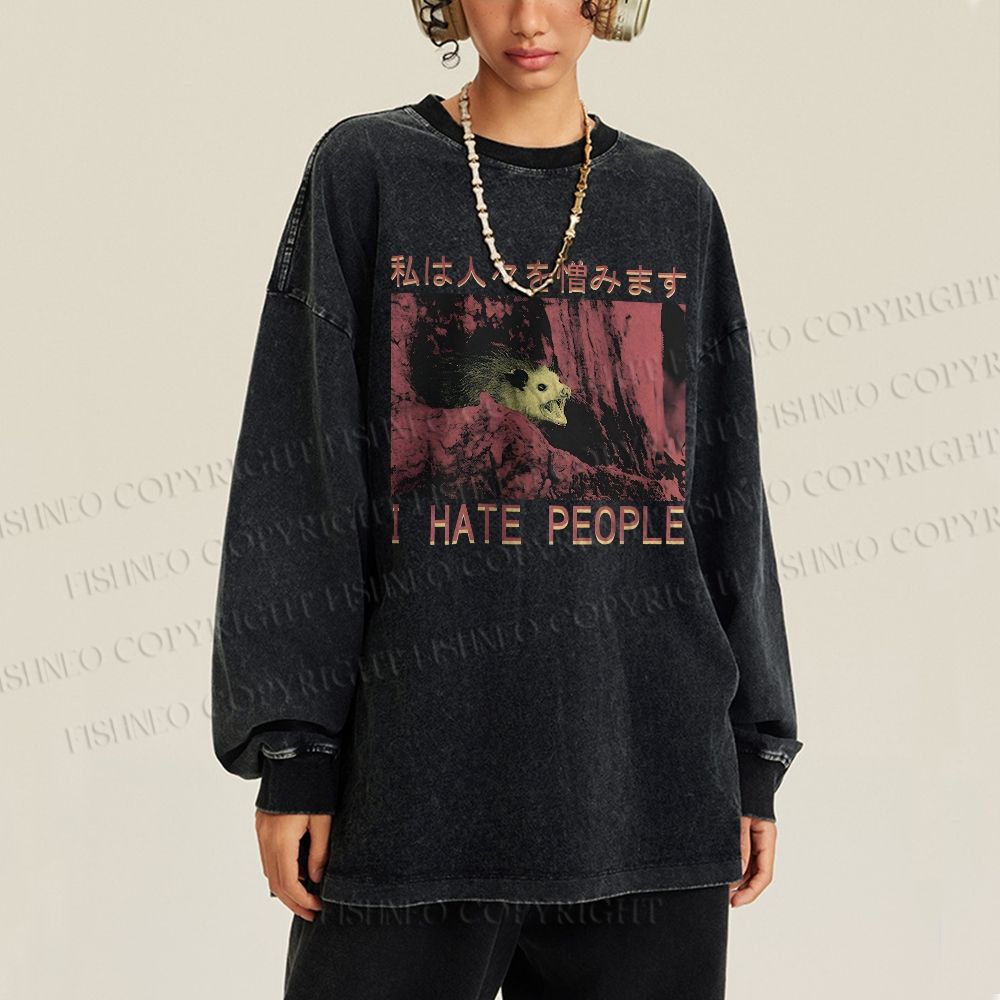 Unisex Casual Washed I Hate People Printed Long Sleeve T-shirt