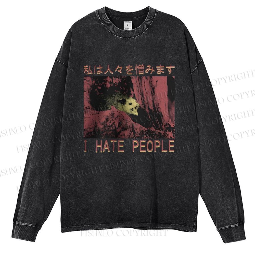 Unisex Casual Washed I Hate People Printed Long Sleeve T-shirt