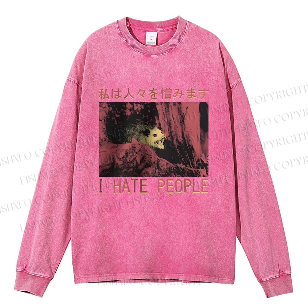 Unisex Casual Washed I Hate People Printed Long Sleeve T-shirt