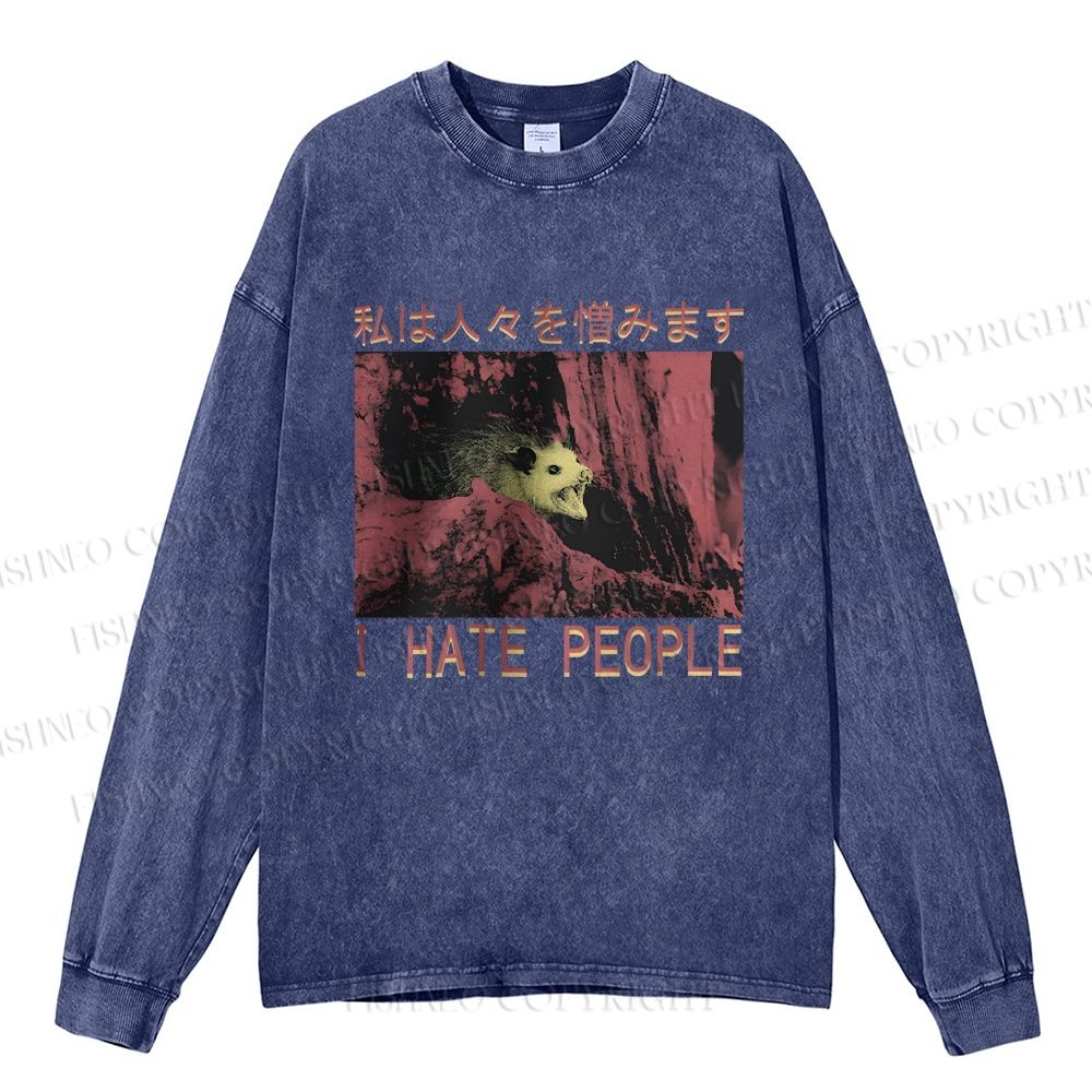 Unisex Casual Washed I Hate People Printed Long Sleeve T-shirt
